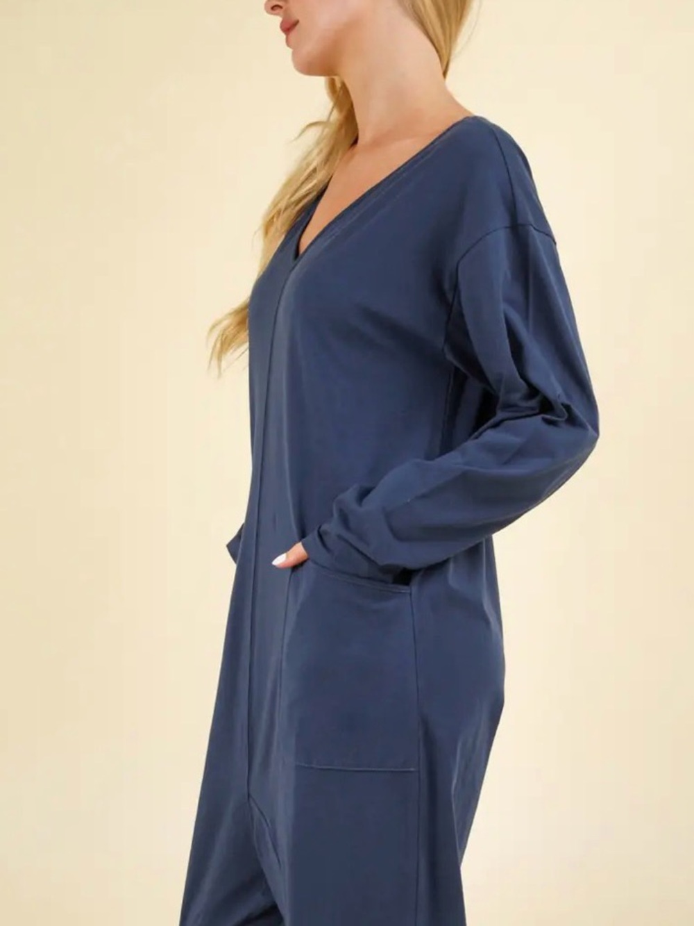 NP70679X-PLUS Size Solid Knit Baggy Comfy Jumpsuit color blue denim - Picture 4 of 4